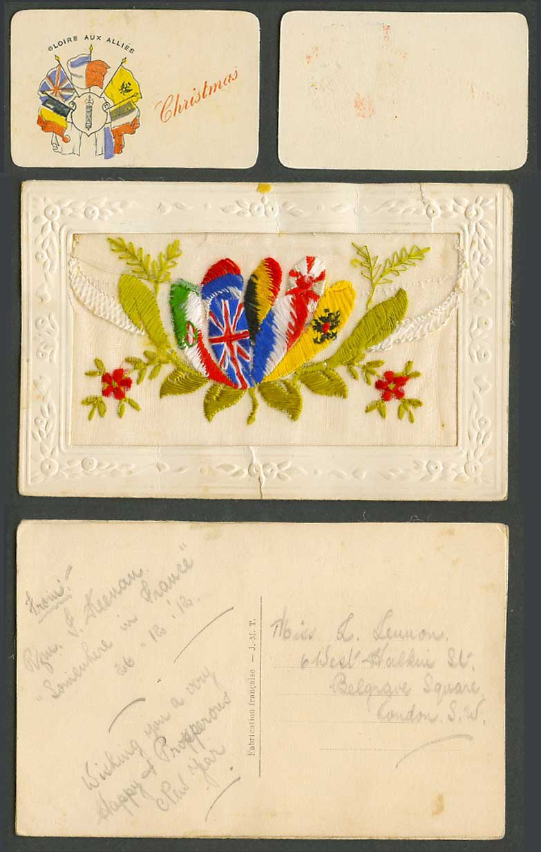 WW1 SILK Embroidered 1916 Old Postcard Flags Christmas, Glorie aux Allies Wallet