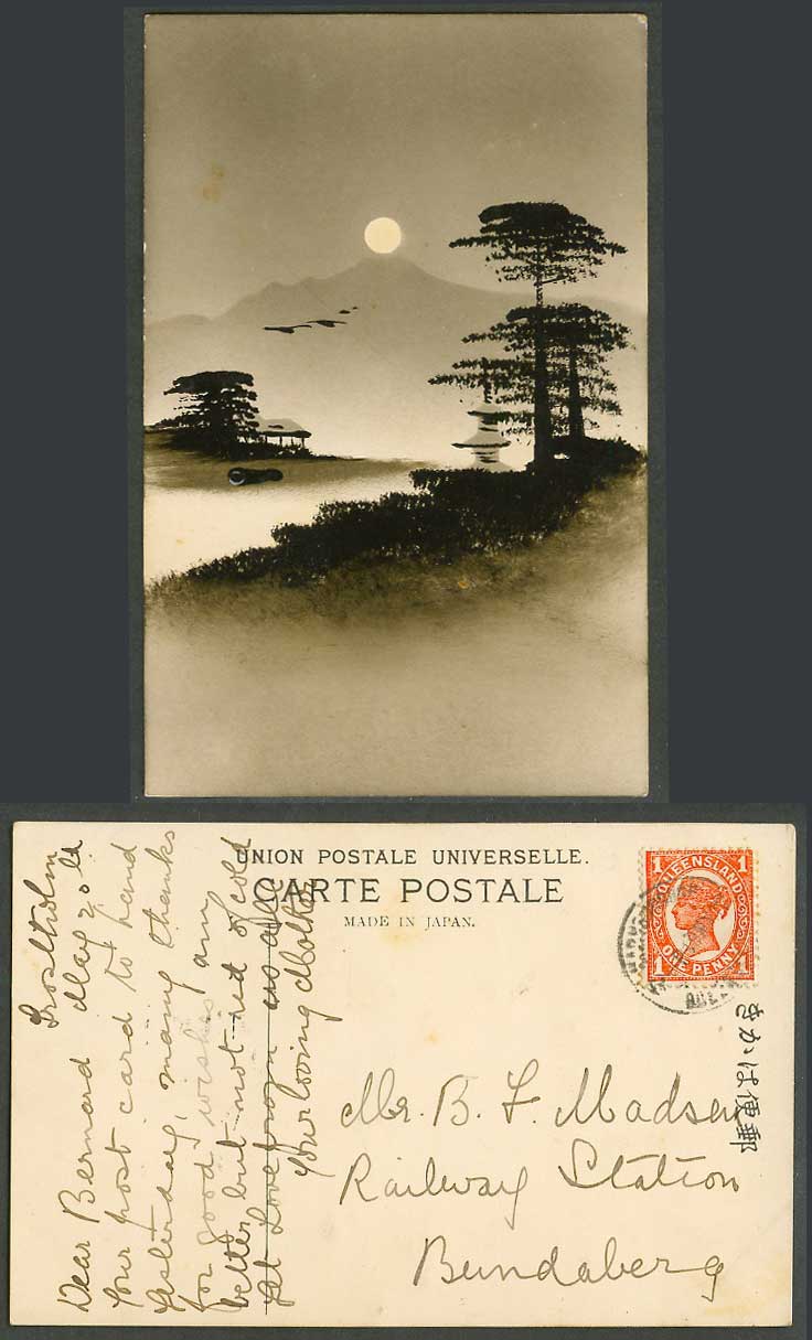 Japan Queensland QV 1d. 1912 Old Genuine Hand Painted Postcard Full Moon, Pagoda