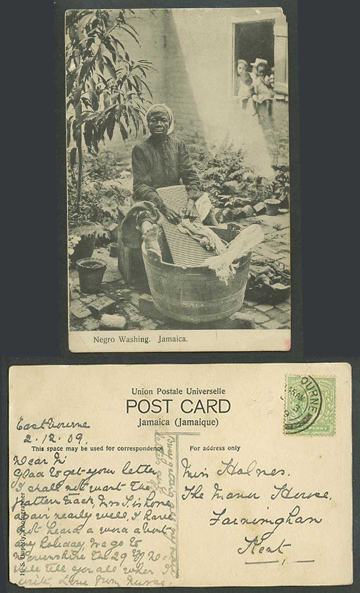 Jamaica 1/2d 1909 Old Postcard Negro Washing, Black Woman, Children Baby Babies
