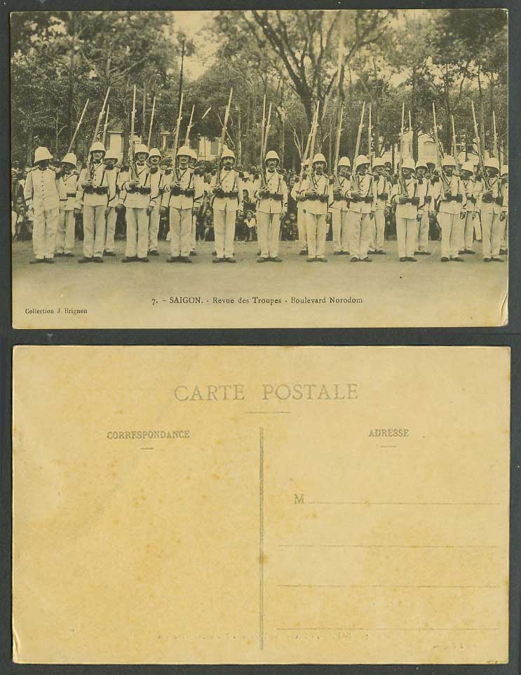 Indo-China Old Postcard Saigon Troop Review Troupes, Boulevard Norodom, Soldiers