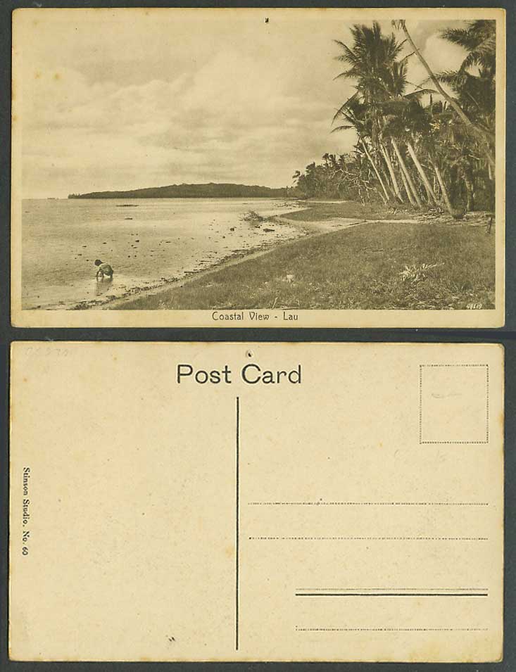 Fiji Old Postcard Lau Island Coastal View Beach Boy Palm Trees Stinson Studio 60