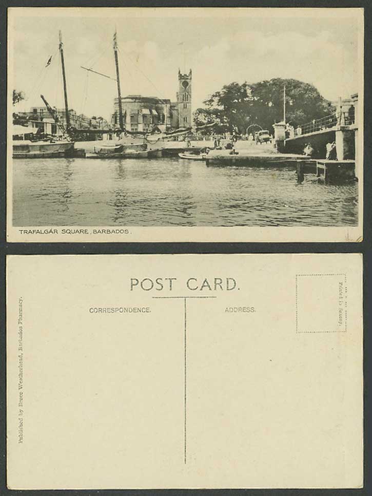 Barbados Old Postcard Trafalgar Square, Bridge Church Harbour Boats Street Scene