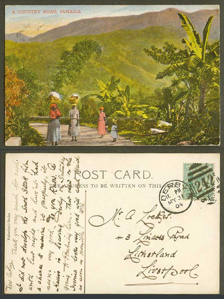 Jamaica 1904 Old Colour Postcard A Country Road Native Women Girl Mountain B.W.I