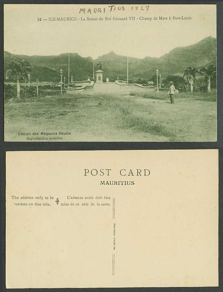 Mauritius 1927 Old Postcard Port Louis Roi Edouard VII King Edward Champ de Mars