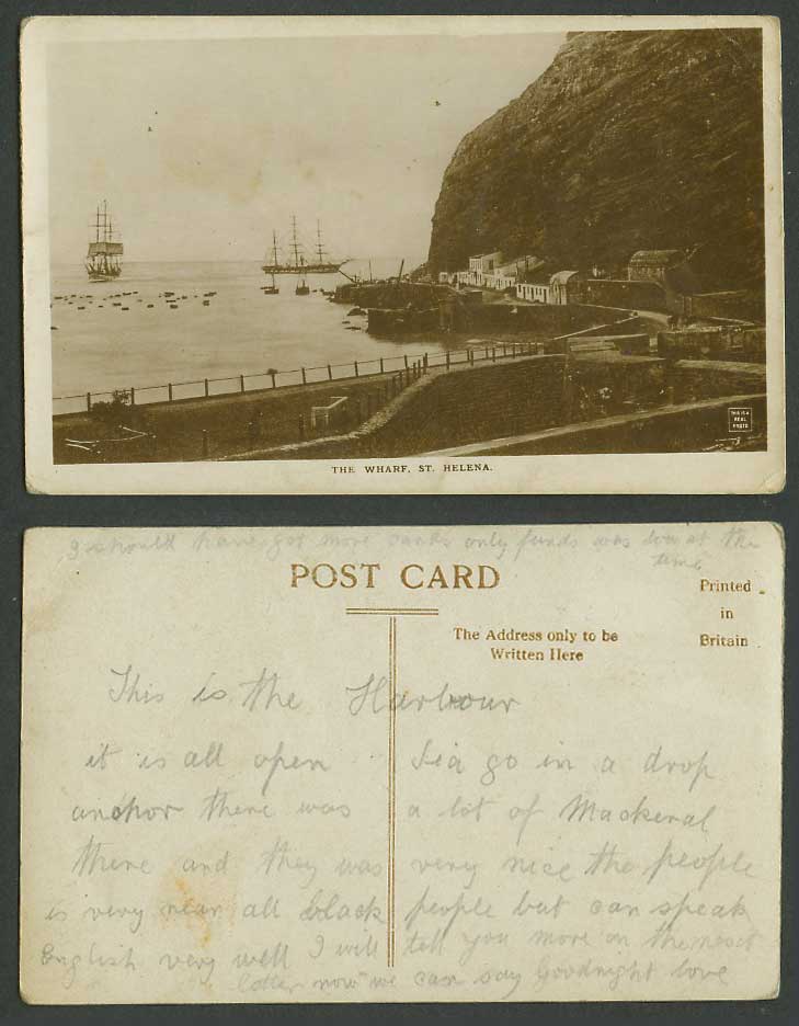 Saint St. Helena Old Real Photo Postcard The Wharf Harbour Schooners Boats Ships