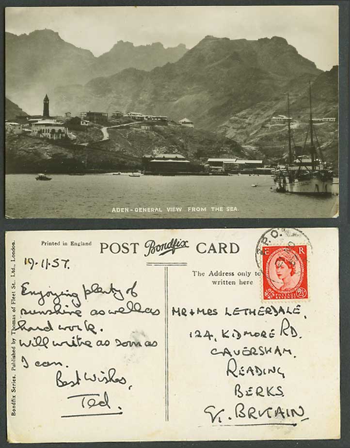 Aden 1957 Old Real Photo Postcard General View from the Sea Lighthouse Ship Boat