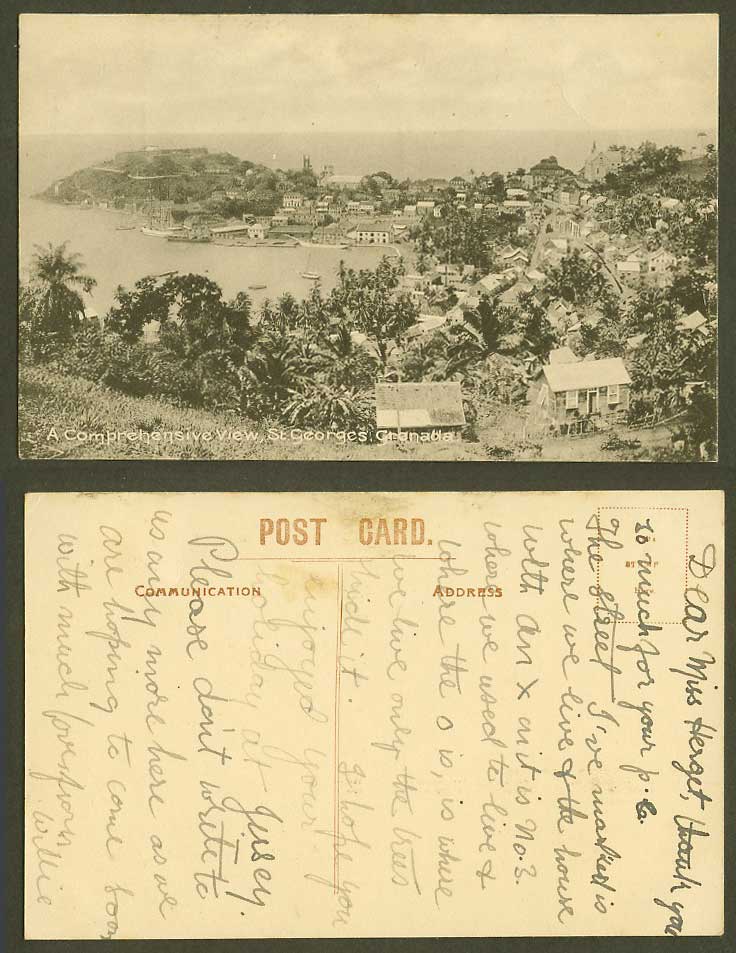 Grenada Old Postcard St. Georges Comprehensive View Harbour Boats Ships Panorama