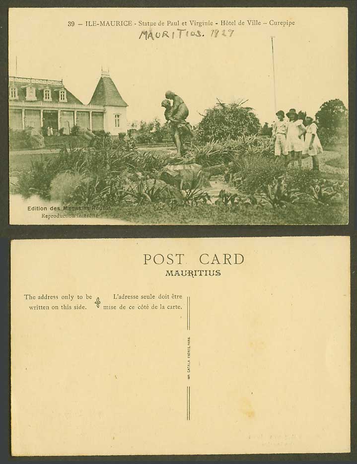 Mauritius 1927 Old Postcard Curepipe, Town Hall Hotel de Ville, Paul et Virginie