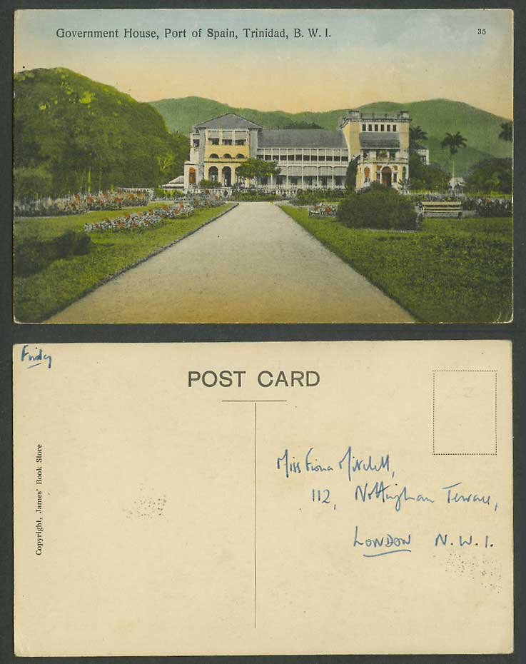 Trinidad Old Hand Tinted Postcard Government House Port of Spain Garden B.W.I 35