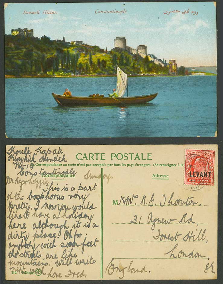 Turkey Levant Overprint 1d 1911 Old Postcard Constantinople Roumeli Hissar, Boat