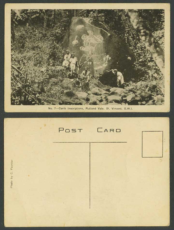 St. Saint Vincent Old Postcard Carib Inscriptions Rutland Vale Men B.W.I Paynter