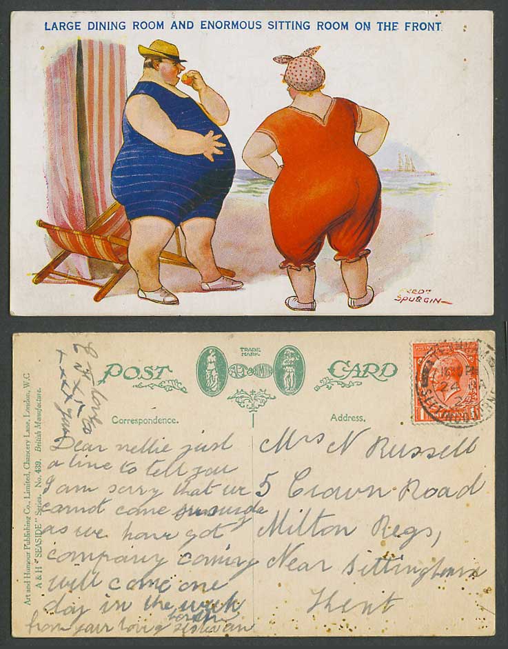 Fred Spurgin 1929 Old Postcard Fat Lady Woman Large Dining Sitting Room on Front