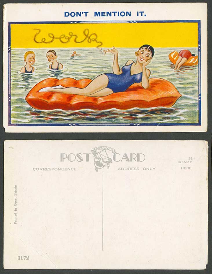 Young Lady Girl on Lilo Air Mattress Don't Mention It Seaside Comic Old Postcard