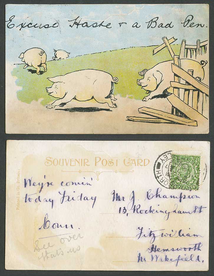 Pig Pigs Running Away, Excuse Haste & a Bad Pen, Comic Humour 1913 Old Postcard