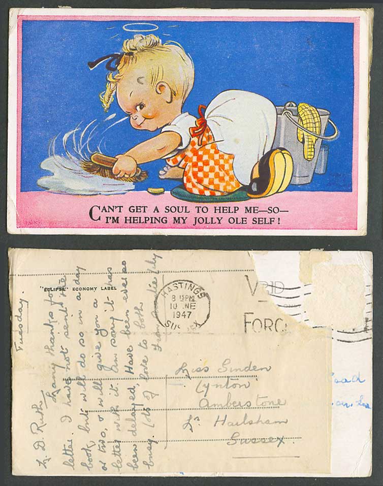 MABEL LUCIE ATTWELL 1947 Old Postcard Can't Get a Soul to Help Me J Ole Self 754