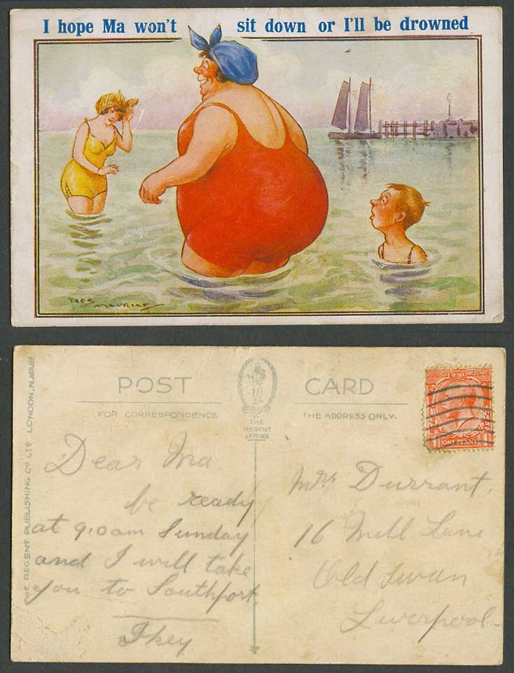 Reg Maurice Old Postcard Fat Lady Woman, Hope Ma Won't Sit down or I'll Drowned