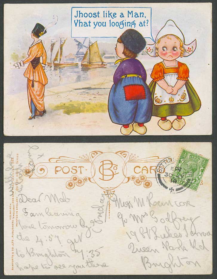 Dutch Kids, Girl Boy Glamour Lady Woman Windmill Sailing Boats 1914 Old Postcard