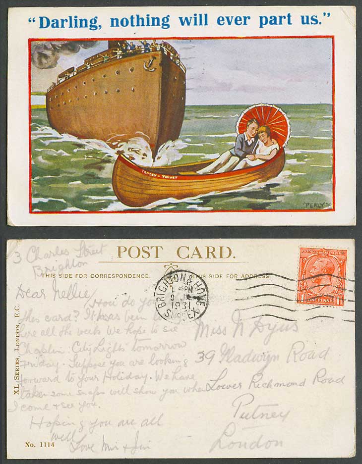 PERLY 1931 Old Postcard Darling, nothing will part us. Topsey - Turkey Ship Boat