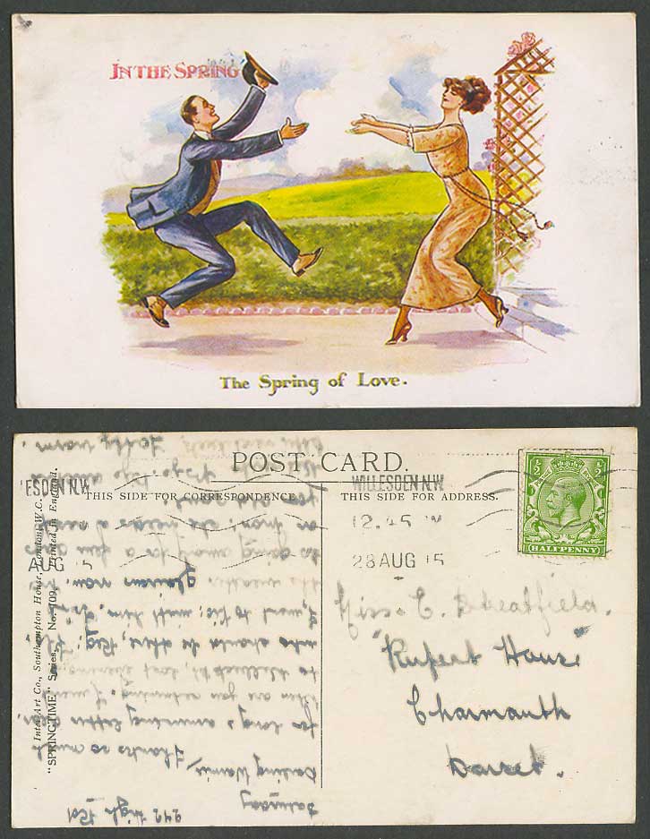 The Spring of Love In The Spring Springtime Man and Woman Lady 1915 Old Postcard