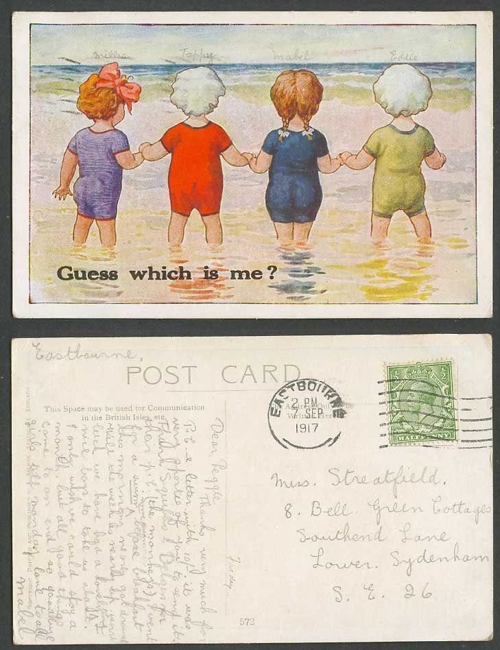 Children Girls Hand in Hand Swimsuits Guess Which is Me? Beach 1919 Old Postcard