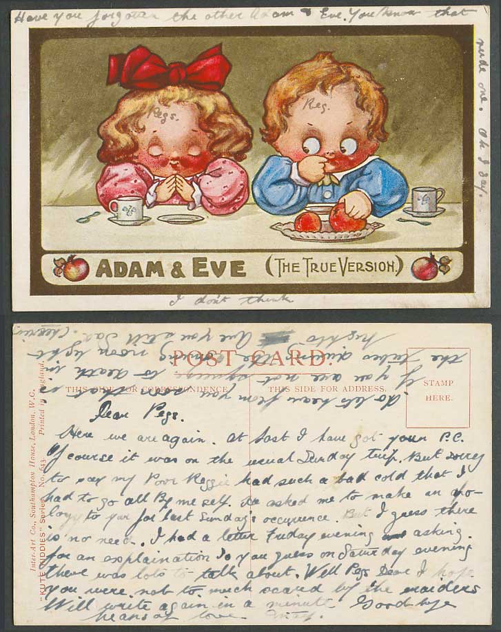 ADAM & EVE, The True Version, Apples Boy Girl Children Comic Humour Old Postcard