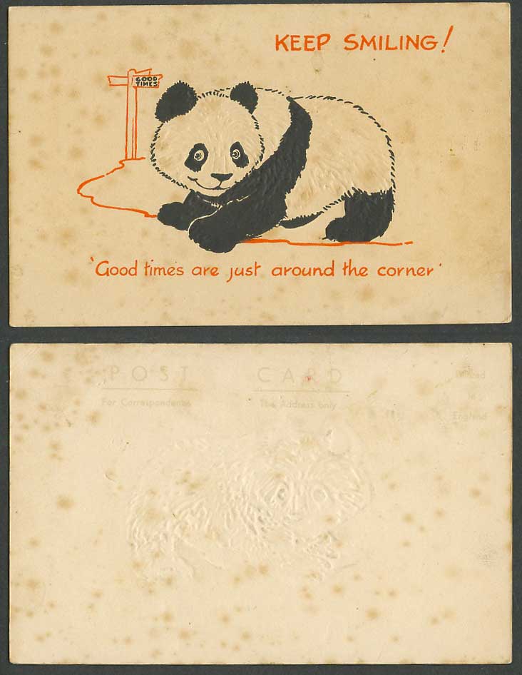 Chinese Giant Panda Keep Smiling! Good Times are Just Around Corner Old Postcard