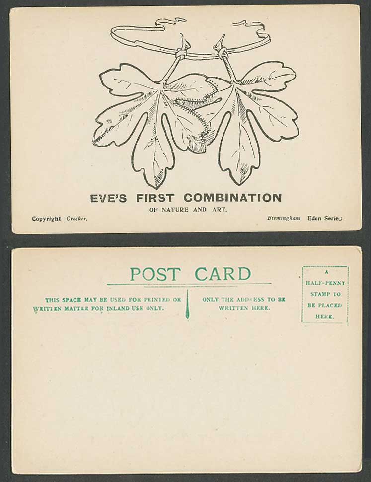 Eve's First Combination of Nature and Art Leaf Leaves, Comic Humour Old Postcard