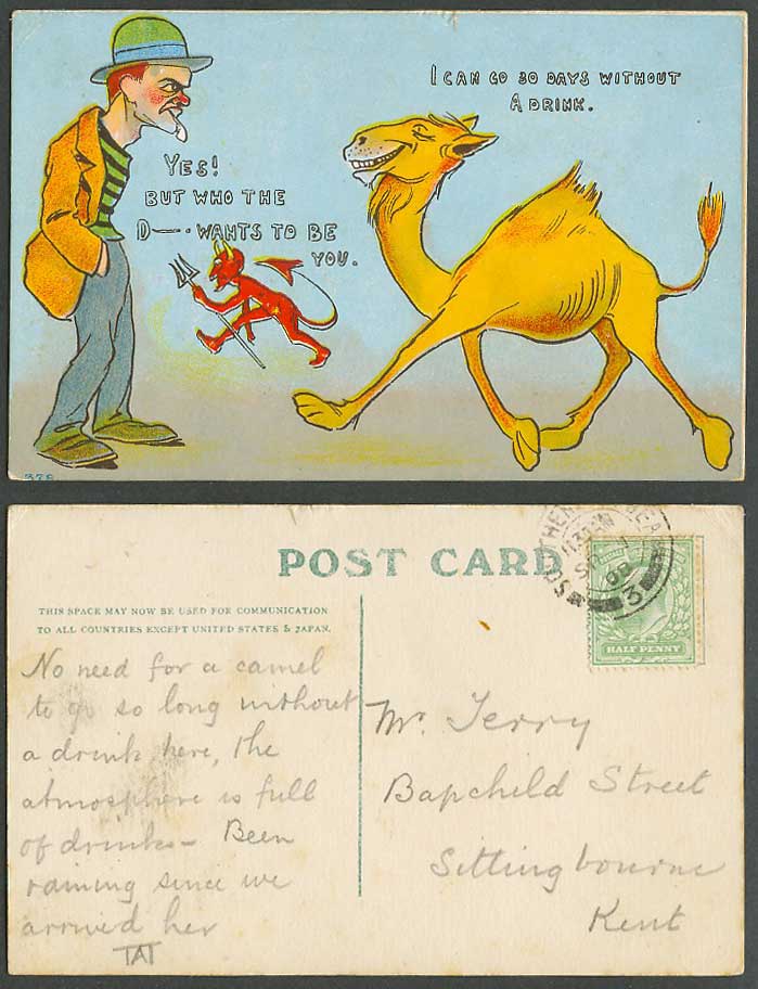 Devil Camel 1908 Old Postcard I Can Go 30 days Without a Drink Who Want to be U?