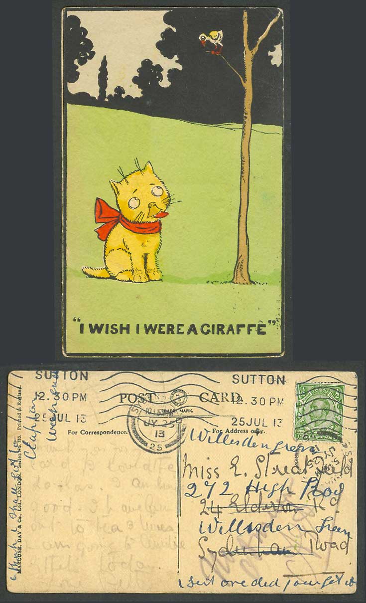 Novelty Hand Painted 1913 Old Postcard Cat Kitten & Bird I Wish I Were a Giraffe