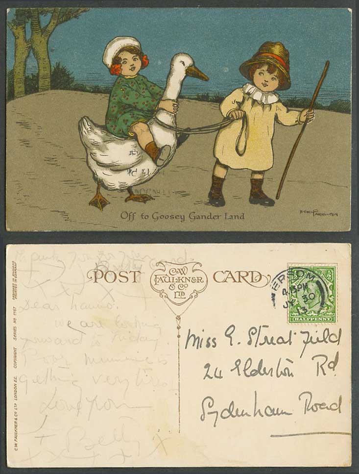 Ethel Parkinson Artist Signed 1913 Old Postcard 2 Girls Girl Riding a Goose Bird