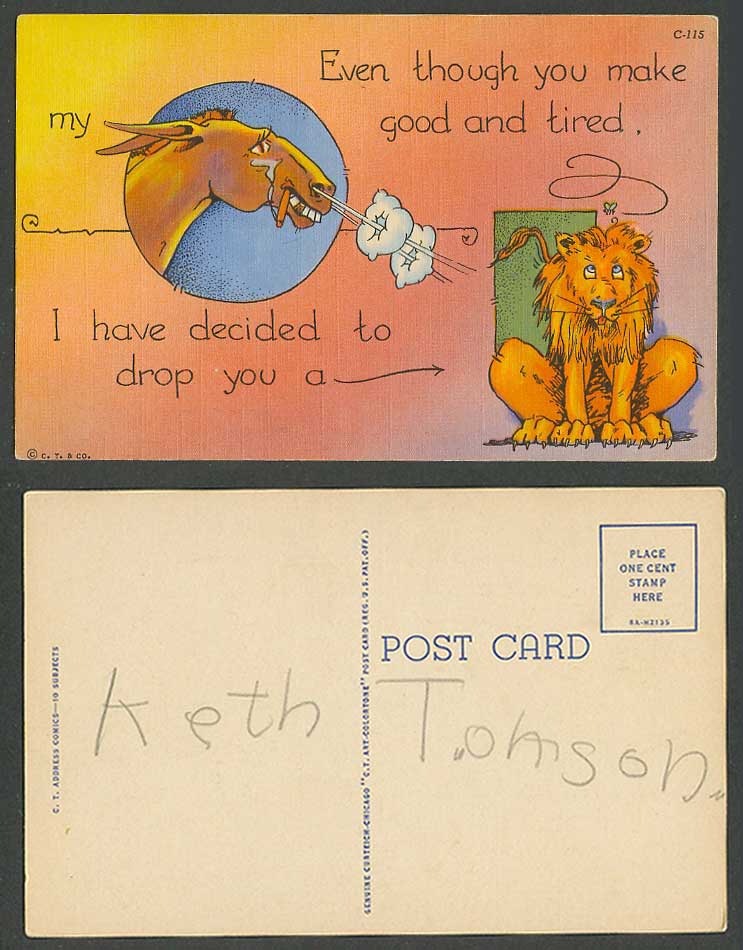 You Make My Horse Good and Tired, I have Decided to Drop You a Lion Old Postcard