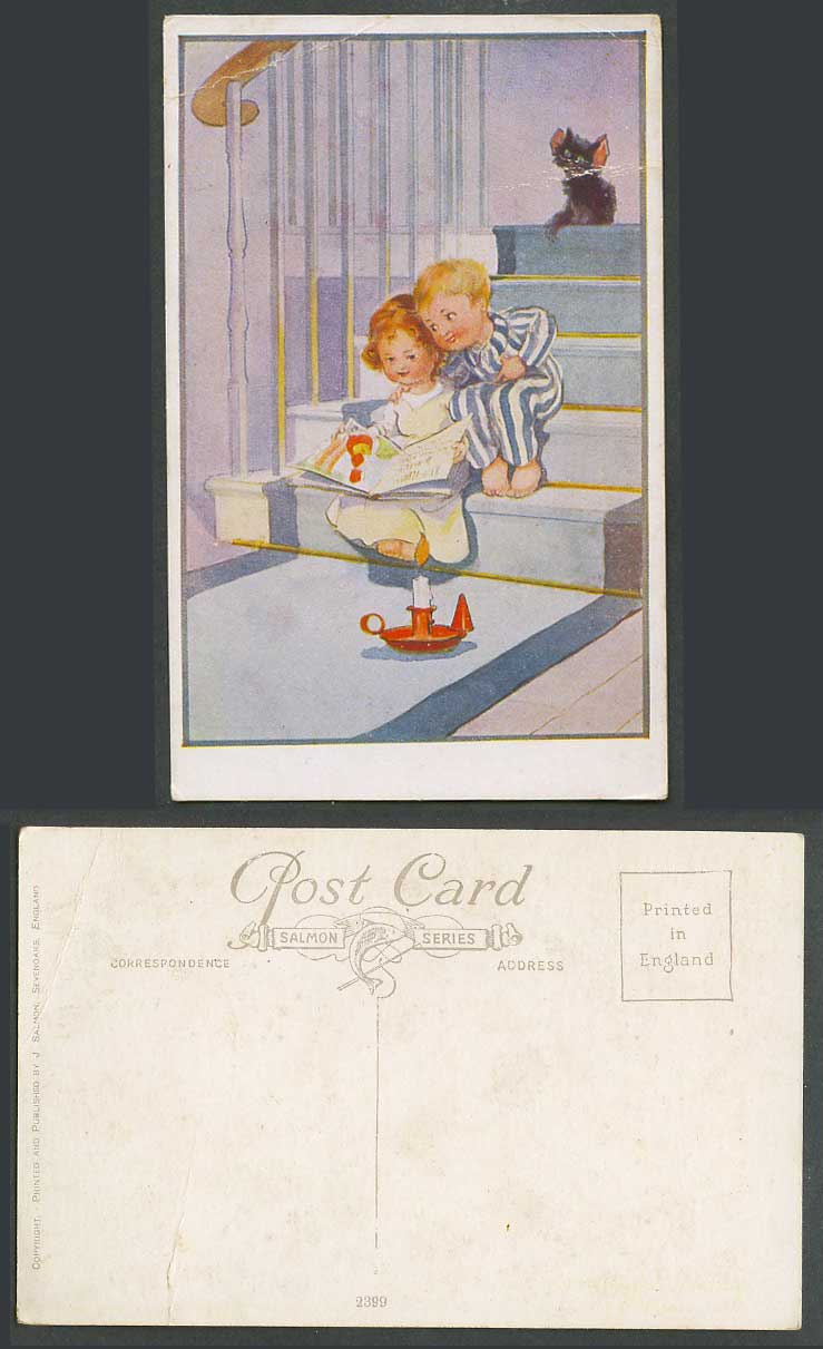 Black Cat Kitten Little Boy and Girl sitting on Stairs Candle Comic Old Postcard