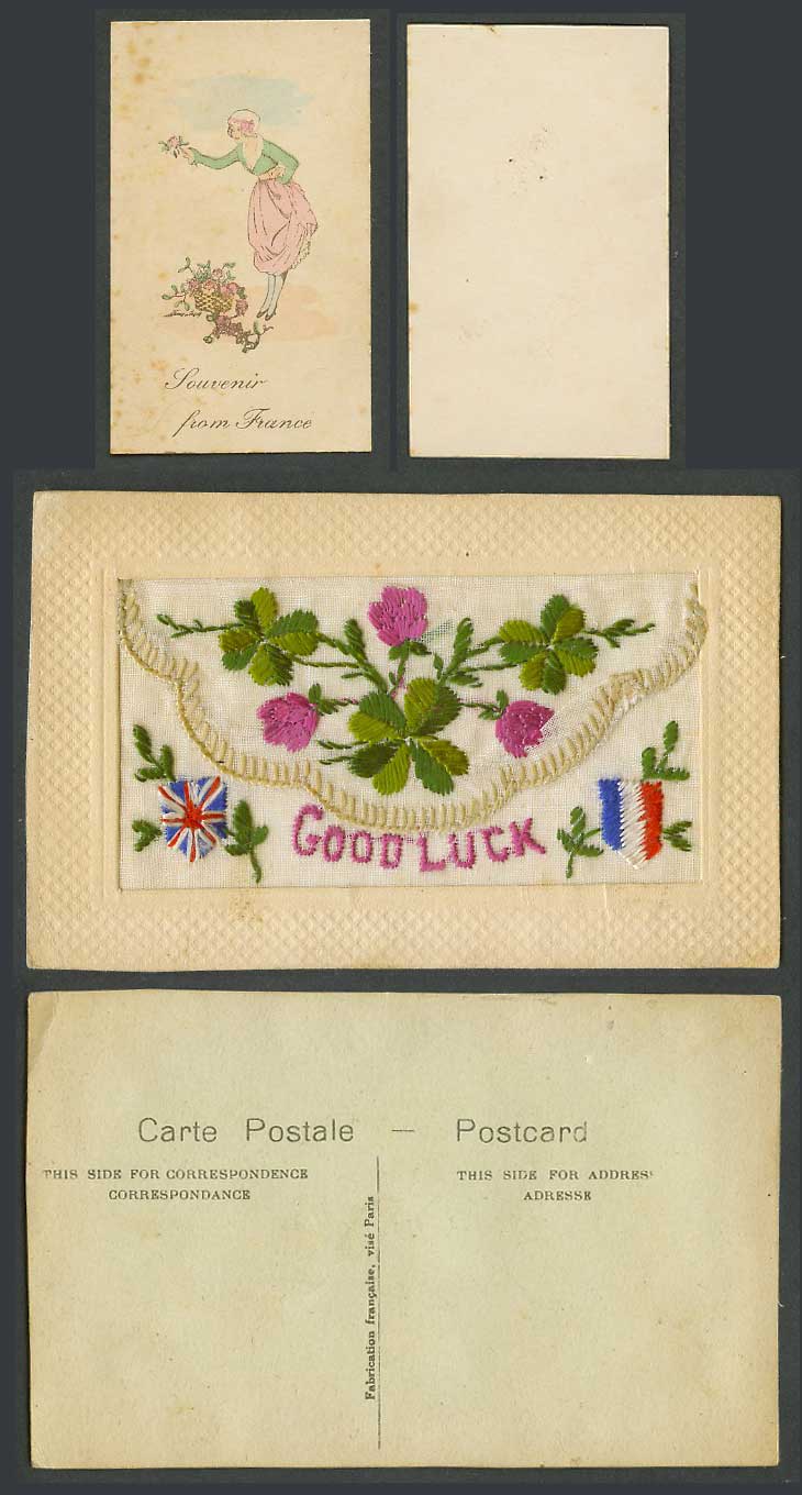 WW1 SILK Embroidered Old Postcard Good Luck, Souvenir from France Card in Wallet