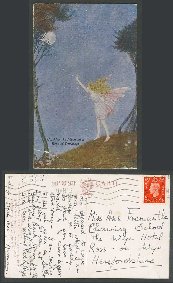 I R OUTHWAITE 1939 Old Postcard Fairy Catching The Moon on a Rope of Dewdrops 72