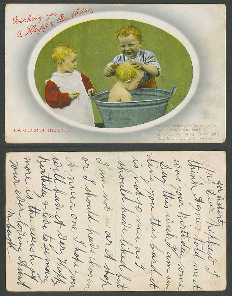 Order of The Bath, Children Boy Bathing Old Postcard A Happy Birthday, Greetings