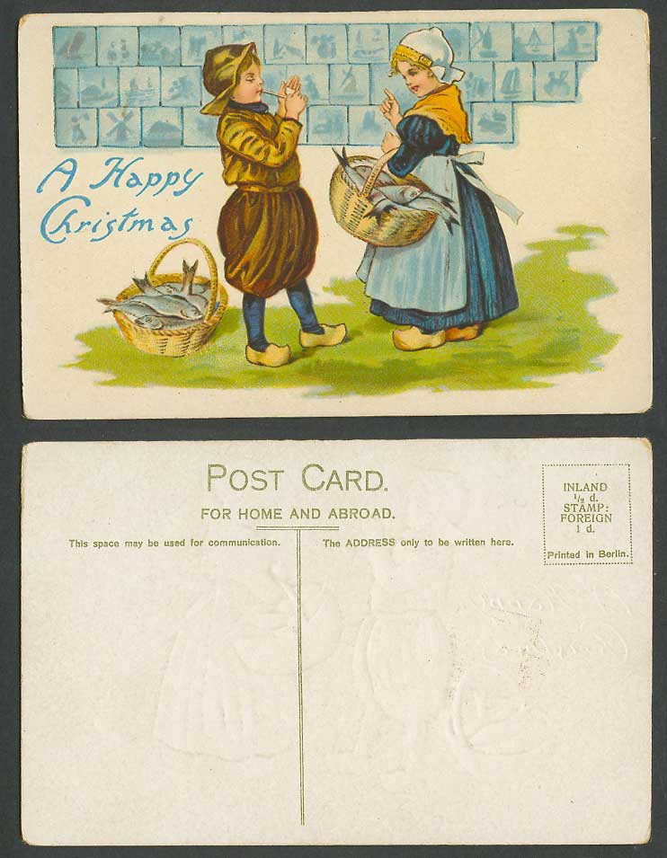Dutch Children Boy & Girl, Fish Baskets Old Postcard A Happy Christmas Greetings