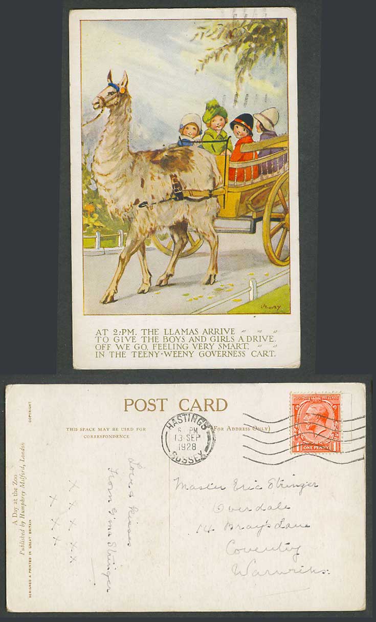 LA Govey Artist Signed A Day at The Zoo Llama Cart Drive Girls 1928 Old Postcard