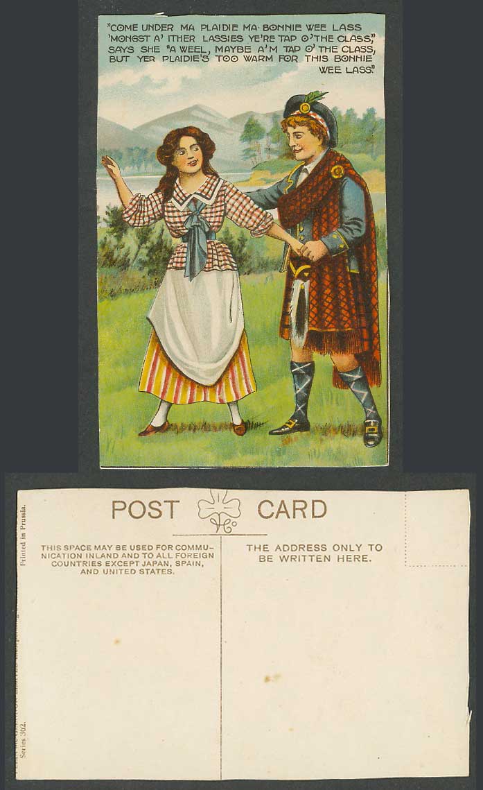 Scottish Man and Woman, Come under ma plaidie ma bonnie wee lass... Old Postcard