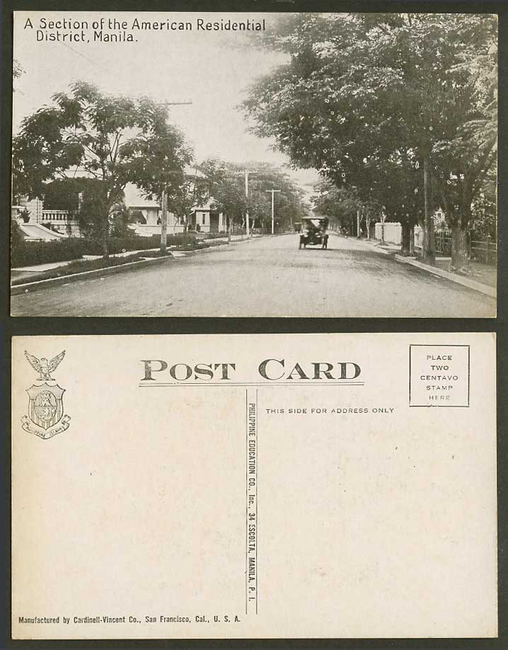 Philippines Old Postcard American Residential District Street Scene Motor Car PI