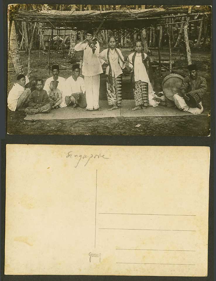 Singapore Old Real Photo Postcard Music Band Musicians Dancers Drums Violin Boys