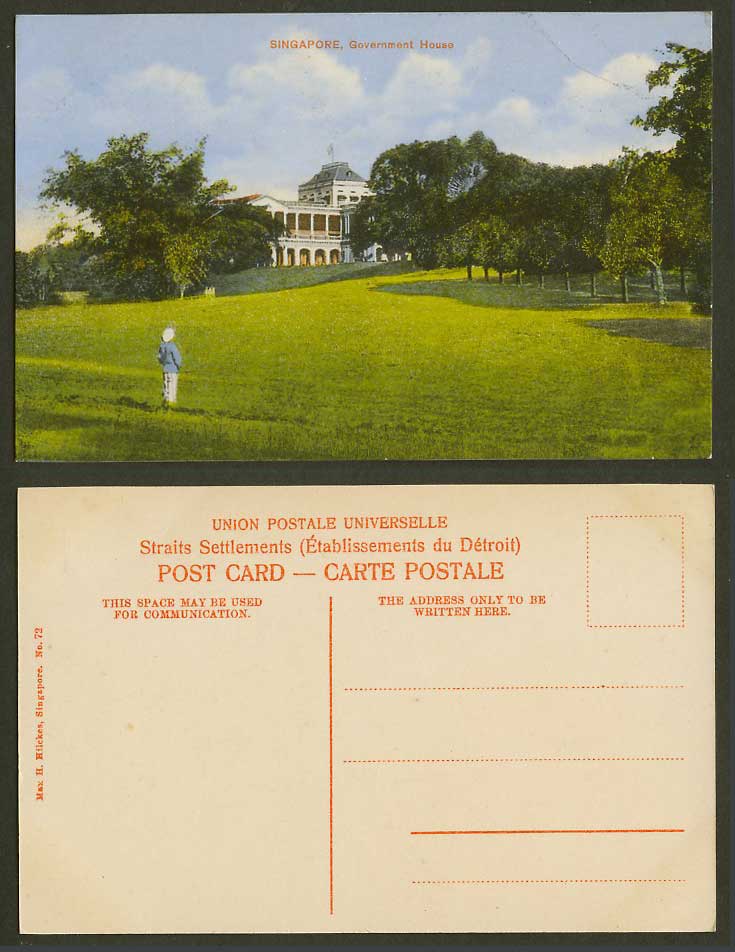 Singapore Old Colour Postcard Government House Building Man Trees Max H. Hilckes