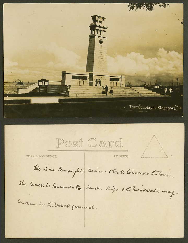 Singapore Old Real Photo Postcard The Cenotaph, Steps Coolie Carry Shoulder Pole