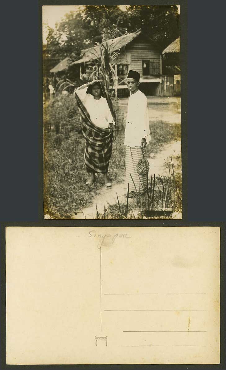 Singapore Old Real Photo Postcard Malay Woman, Man holding a Durian Native House