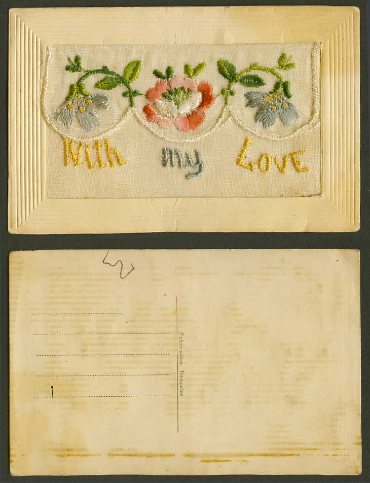 WW1 SILK Embroidered Old Postcard With My Love Flowers Novelty with Empty Wallet
