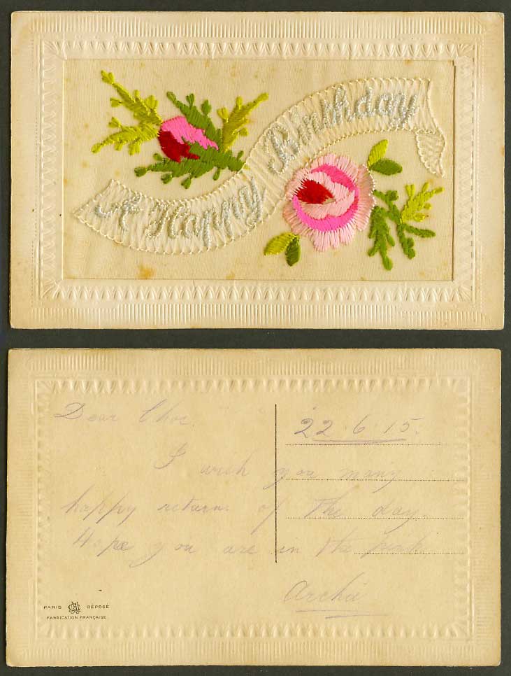WW1 SILK Embroidered 1915 Old Postcard A Happy Birthday Flowers Greeting Novelty
