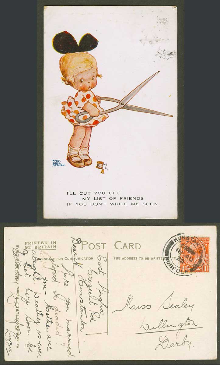 MABEL LUCIE ATTWELL 1925 Old Postcard Scissors I Cut You Off List of Friends 105