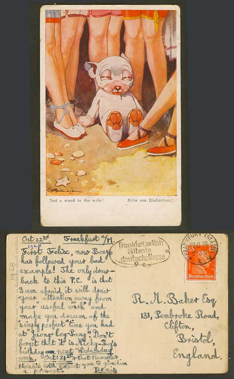 BONZO DOG GE Studdy German 15pf. 1928 Old Postcard Not a Word to the Wife! XIX/3
