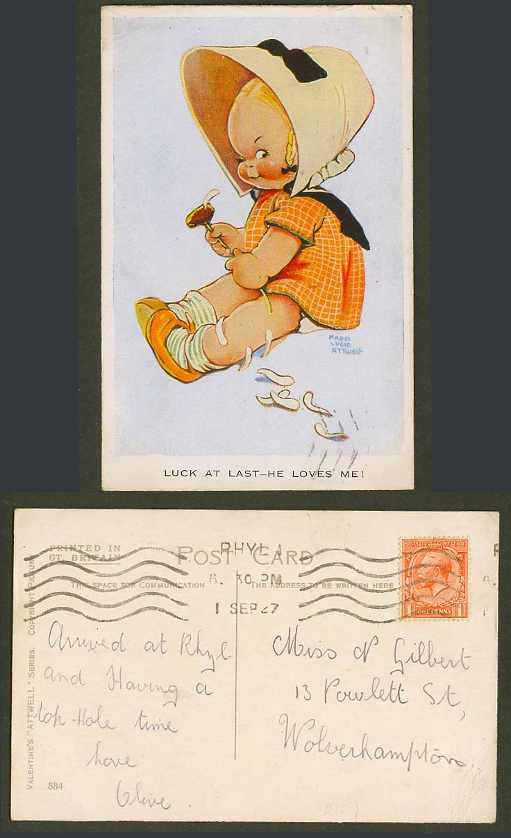MABEL LUCIE ATTWELL 1927 Old Postcard Luck at Last He Loves Me, Count Petals 884