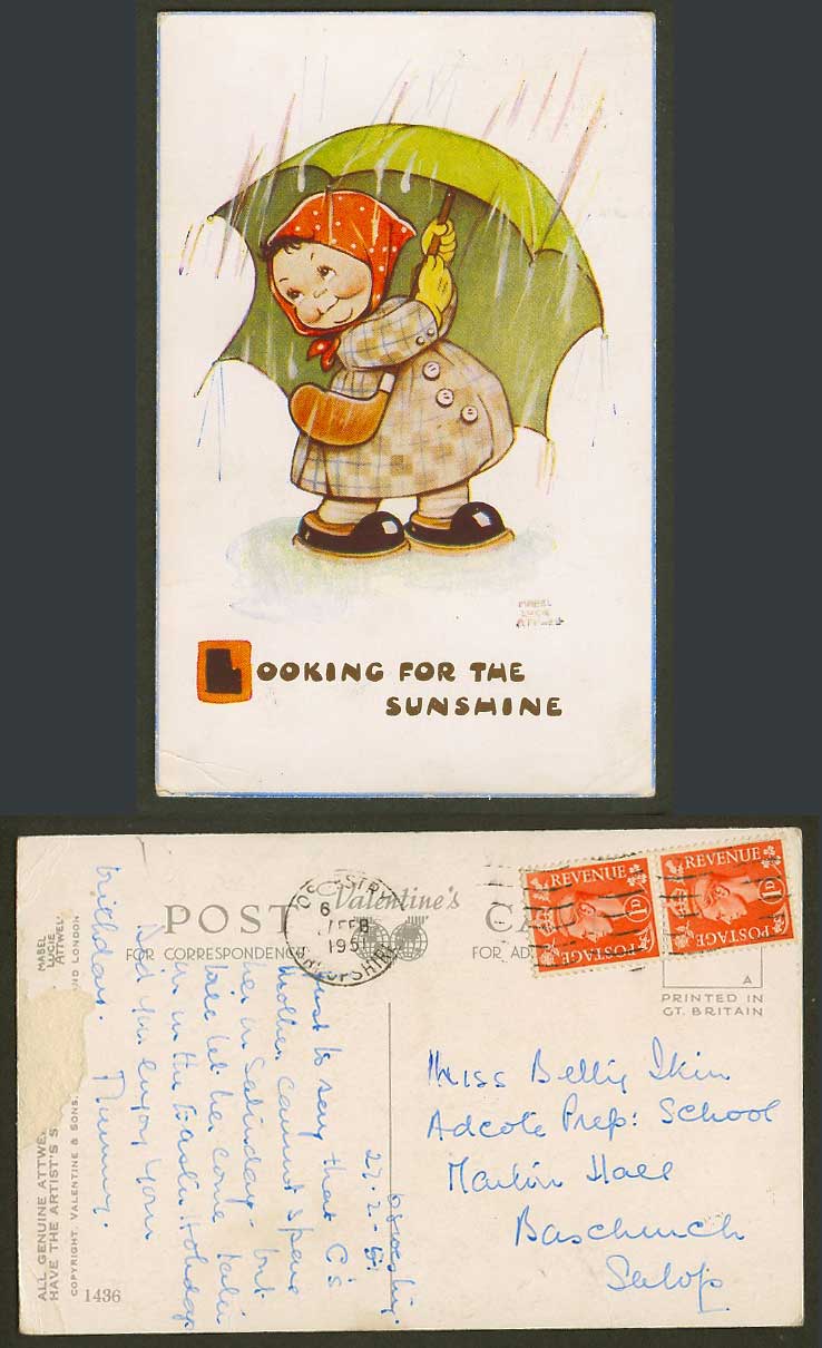 MABEL LUCIE ATTWELL 1951 Old Postcard Look for Sunshine Girl Umbrella Rain 1436