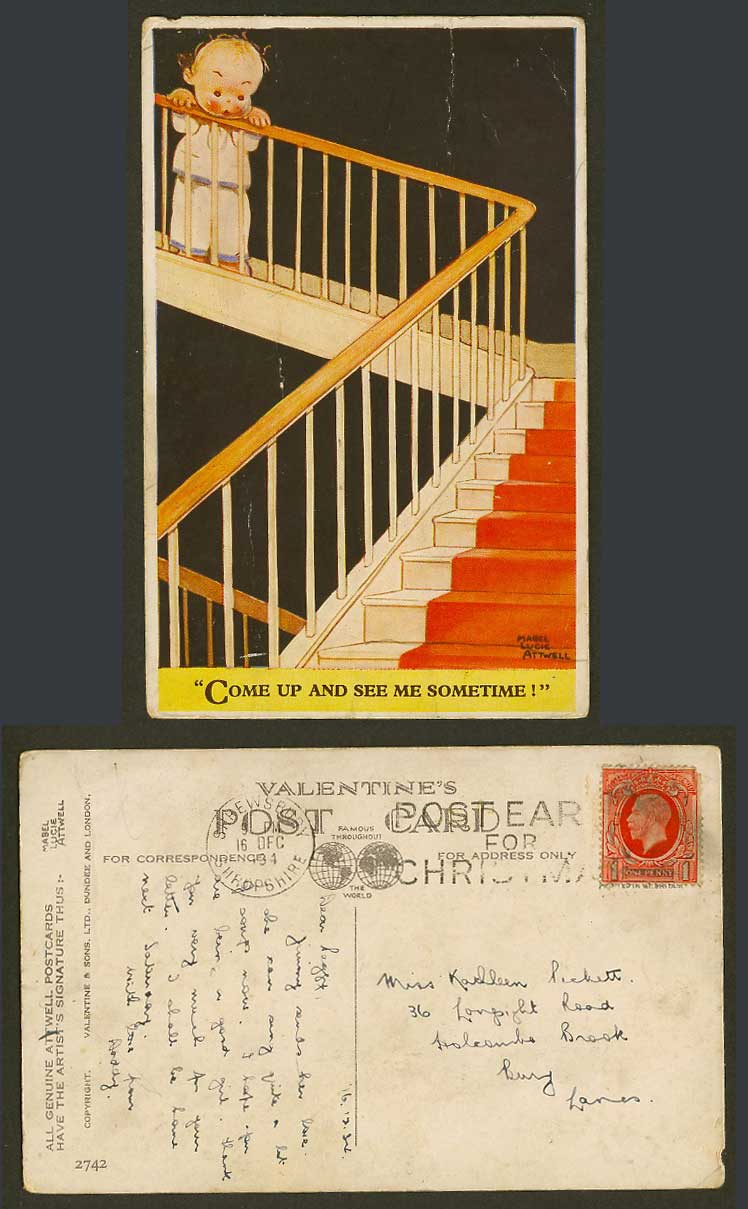 Mabel Lucie Attwell 1934 Old Postcard Come Up & See Me Sometime Girl Stairs 2742